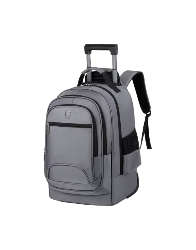 Gray rolling school backpack with wheels and multiple compartments.